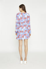 Blue-Red Flower V-Neck Mini-Dress