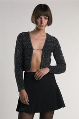 Black-Silver-Tinsel Long-Sleeve Crop-Top