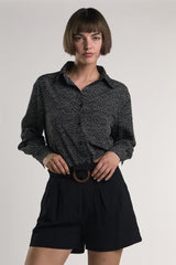 Miniature-Heart-Print Button-Front Long Sleeve-Top