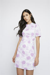 Lilac-Roses Ruffle-Trim Mini-Dress