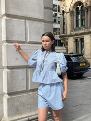 Mixed Blue Stripe Tie-Front Top