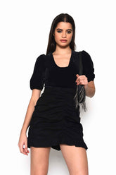 Black Velvet Plunging Neck Bodysuit with Puff Sleeves