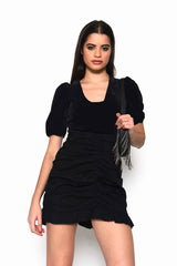 Black Velvet Plunging Neck Bodysuit with Puff Sleeves