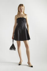 Black Cotton Bandeau Pleated Mini-Dress