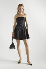 Black Cotton Bandeau Pleated Mini-Dress