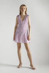 White Purple Stripe Shirred V-Neck Mini-Dress