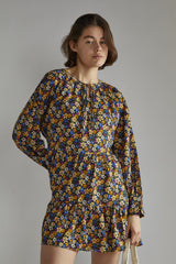 Tie Front Long Sleeve Mini Dress - Dark Floral