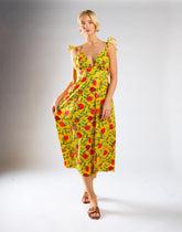 Yellow Red Fruit Frill Sleeve Midi Dress