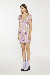 Purple-Swirl-Floral V-Neck-Button-Up Mini-dress