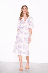 Misty-Lilac-Abstract Lapel-Collar Midi-Dresses