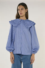Pale Blue Check Statement Collar Blouse