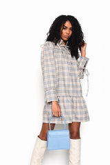 Light Blue Multi Check Tiered Mini Dress with Neck Ruffle
