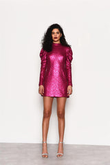 Pink Sequin Puff Sleeve Mini Dress