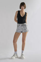 Black-Textured V Neck Ribbed Bodysuit