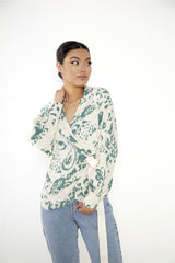 Cream Green Abstract Oversized Blouse with Wrap Tie