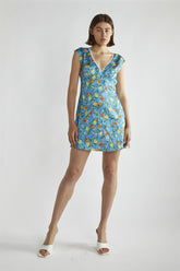 Blue Lemon-Print V-Neck Mini-Dress