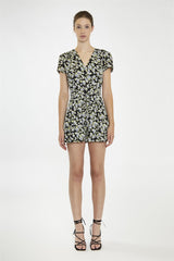 V Neck Short Sleeve Playsuit - Black Grey Flower