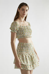 Stripe-Ditsy Linen Scoop-Neck Crop-Top