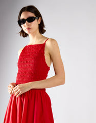 Red Shirring Body Boat Neck Maxi Dress