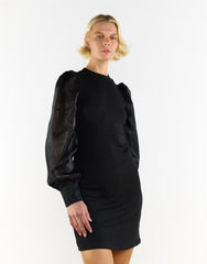 Crew Neck Puff Sleeve Mini Dress in Black