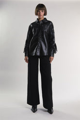 Black PU Faux-Leather Fringe Shirt