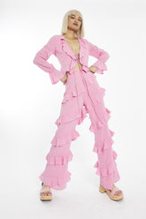 Candy Pink Asymmetric Ruffle Flared Trousers