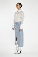 Blue Silver-Foil Denim Midi-Skirt