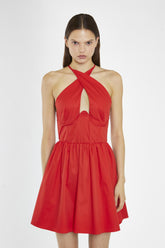 Poppy-Red Cross-Over Halterneck Corset Mini-Dress
