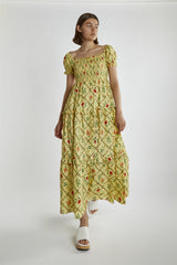 Yellow Floral-Lattice Scoop Neck Maxi-Dress