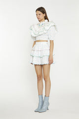 White Blue Pink Ditsy Tiered Mini-Skirt