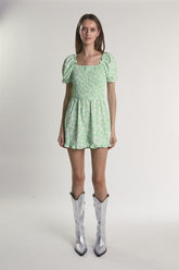 Green-Floral Square-Neck Short Sleeve-Playsuit