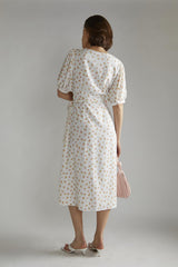 White Pink Ditsy V-neck Wrap Midi-Dress