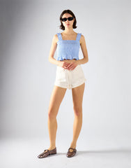 Ruched Frill Crop Top - Light Blue
