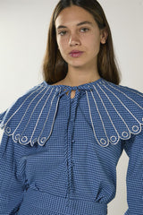 Navy Multi Check Embroidered Collar Long Sleeve Blouse