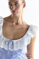 Cornflower Check Embroidery Detail Top