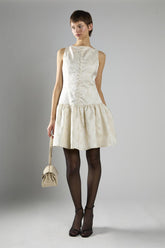 Cream Brocade Sleeveless Button-Front A-Line Dress