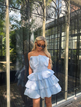 Light Blue Tiered Pleated Mini-Dress