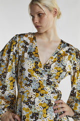 Mustard-Floral Wrap Mini-Dress