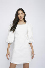 Off-White Puff-Sleeve-Contrast-Stitch Mini-Dress