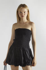 Black Bandeau Shirred Mini-Dress