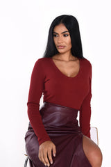 Deep Red Scoop Neck Long-Sleeve-Bodysuit