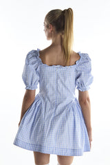 Blue Grid Check Puff Sleeve Mini Dress