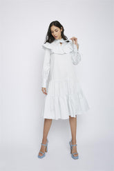 Pale Blue Broderie Ruffle Detail Midi Dresses