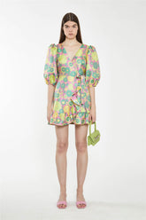 Pink-60s-Flower-Jacquard Wrap Mini Dress