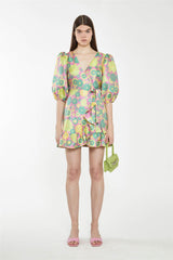 Pink-60s-Flower-Jacquard Wrap Mini Dress