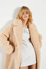 Dark Cream Midi Lapel Collar Curly Fur Coat