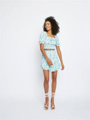 Blue Yellow Floral Puff Sleeve Top