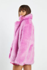 Hot Pink Faux Fur Coat with Lapel Collar