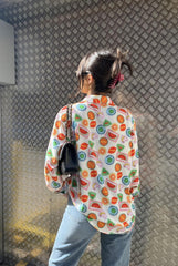 Multi-Fruit-Stickers Collared Long-Sleeve-Top