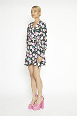 Black-Lilac Floral Wrap Mini-Dress